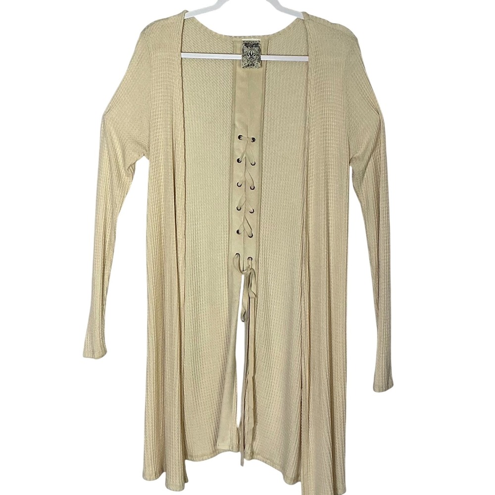 Vocal Boho Lace Up Cardigan Waffle Knit‎ Duster Medium Cream Festival Western